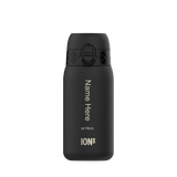 A black insulated water bottle standing upright displaying customizable text 