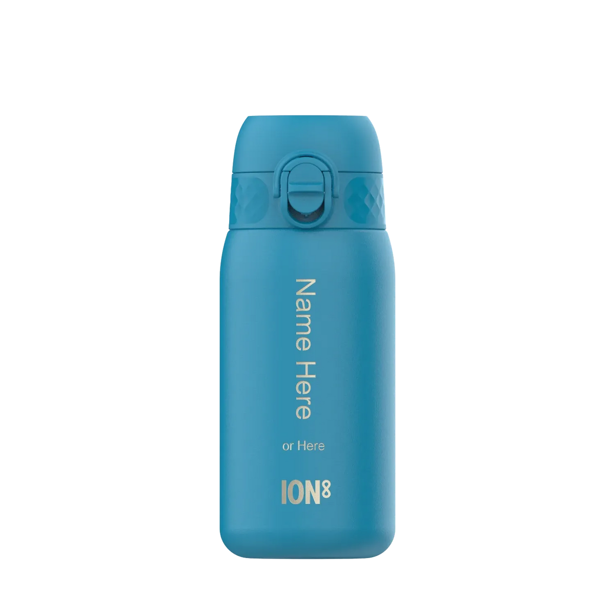 A blue water bottle stands upright with a secure lid in a plain white background. Vertical text on the bottle reads Name Here or Here ION8.