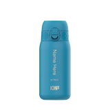 A blue water bottle stands upright with a secure lid in a plain white background. Vertical text on the bottle reads Name Here or Here ION8.