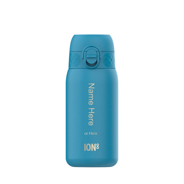 A blue water bottle stands upright with a secure lid in a plain white background. Vertical text on the bottle reads Name Here or Here ION8.
