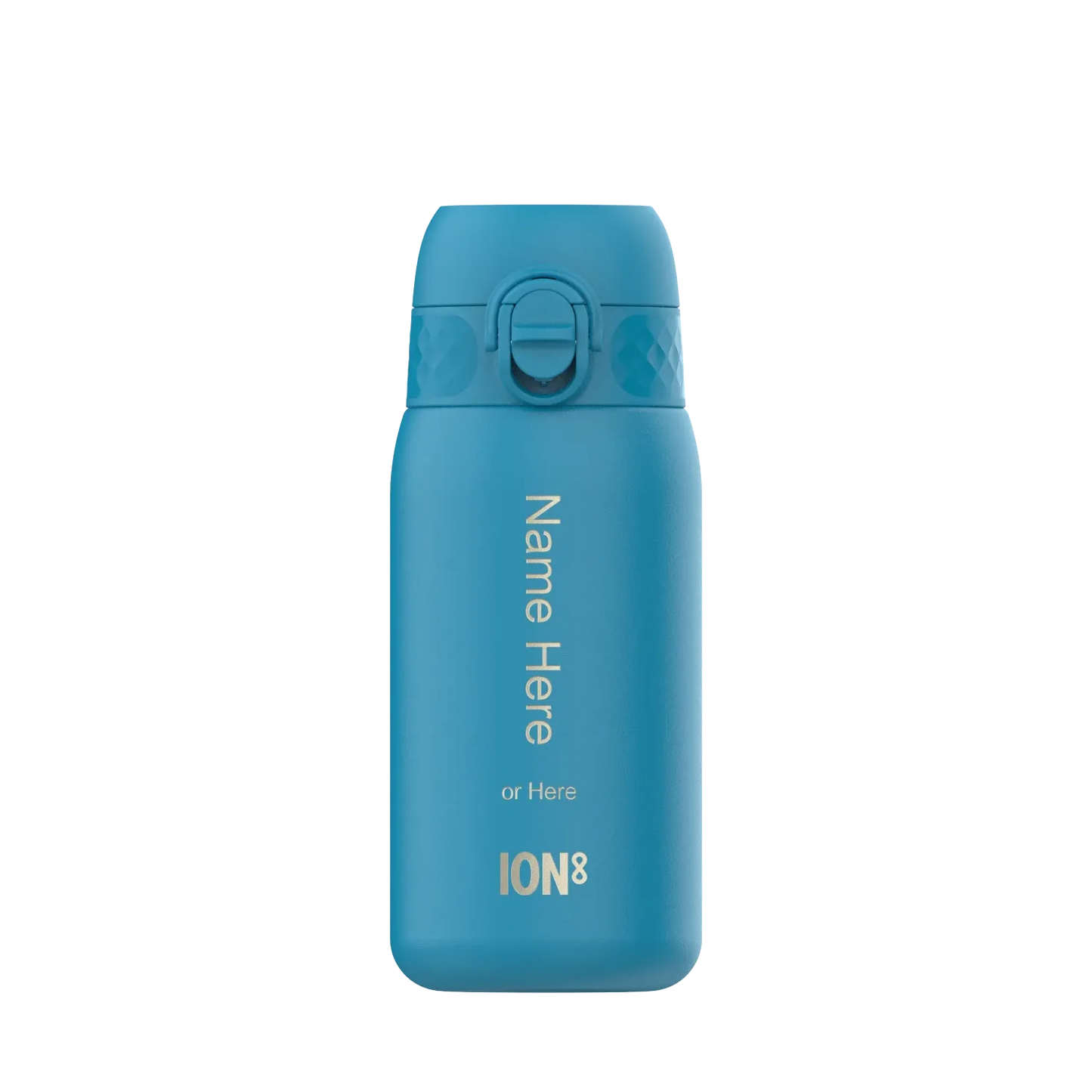 A blue water bottle stands upright with a secure lid in a plain white background. Vertical text on the bottle reads Name Here or Here ION8.