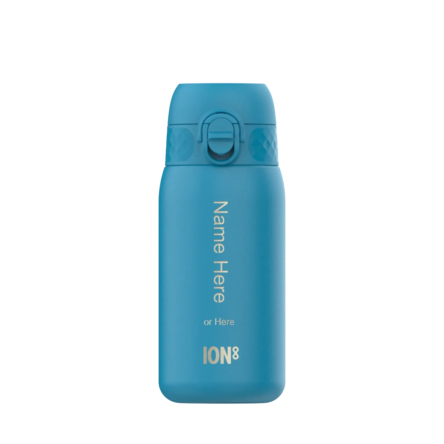 A blue water bottle stands upright with a secure lid in a plain white background. Vertical text on the bottle reads Name Here or Here ION8.