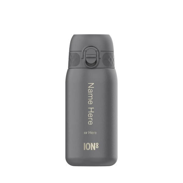 A gray water bottle stands upright with a flip-top lid against a plain background. Text reads: "Name Here or Here ION8".