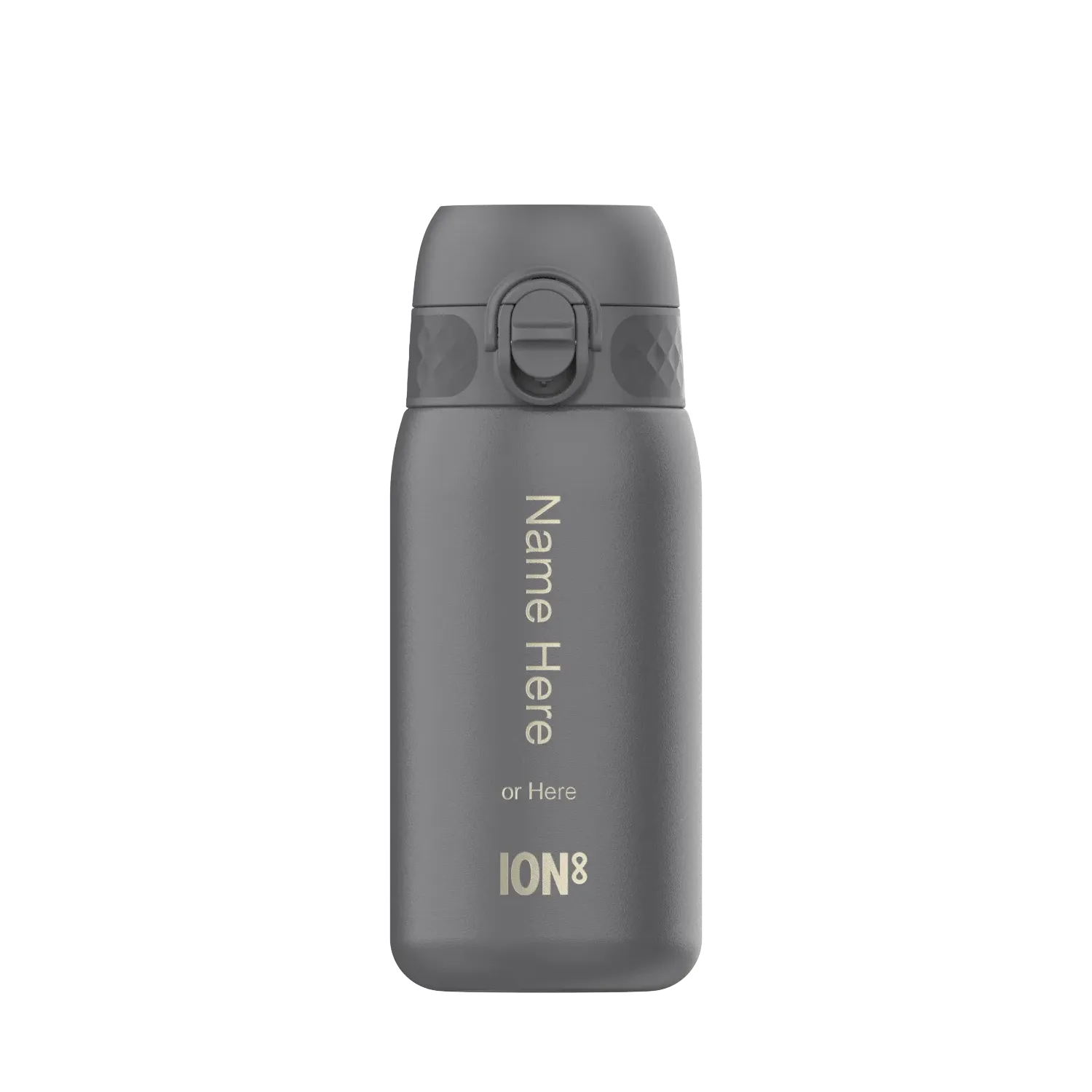 A gray water bottle stands upright with a flip-top lid against a plain background. Text reads: "Name Here or Here ION8".
