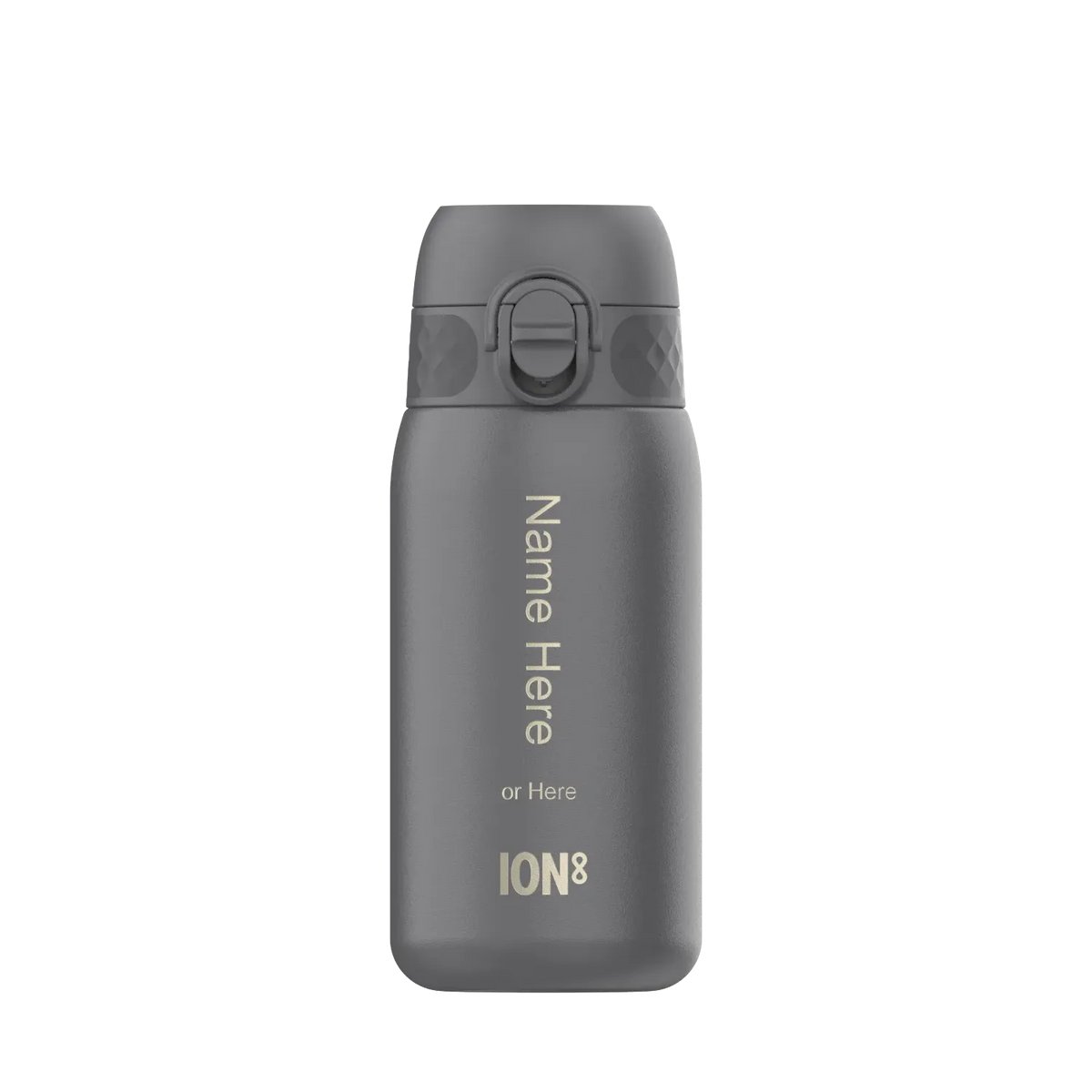A gray water bottle with a flip-top lid stands upright against a plain background featuring vertical text "Name Here" and "or Here" with "ION8" at the bottom.