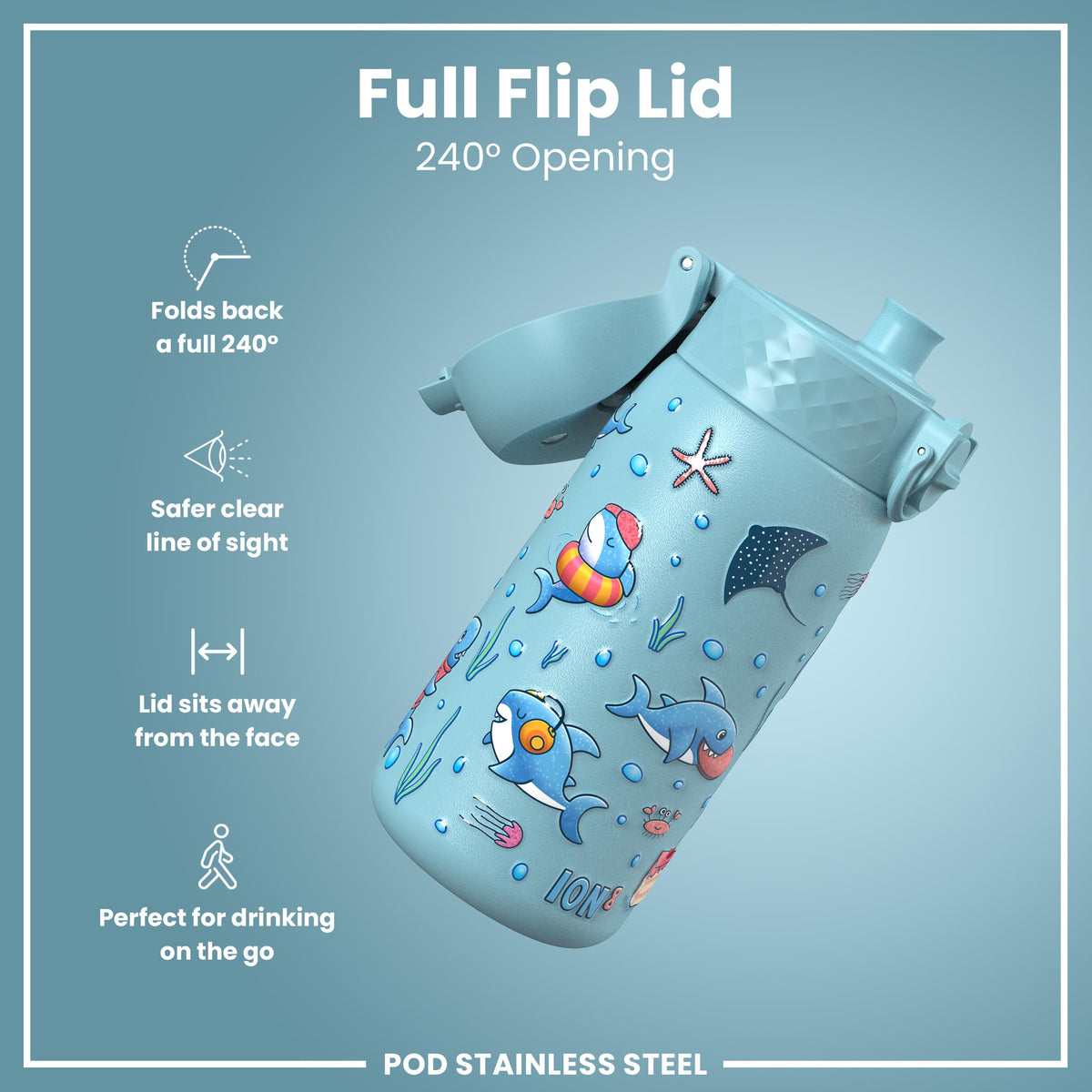 Leak Proof Thermal Steel Water Bottle, Insulated, Blue Sharks, 320ml (11oz)