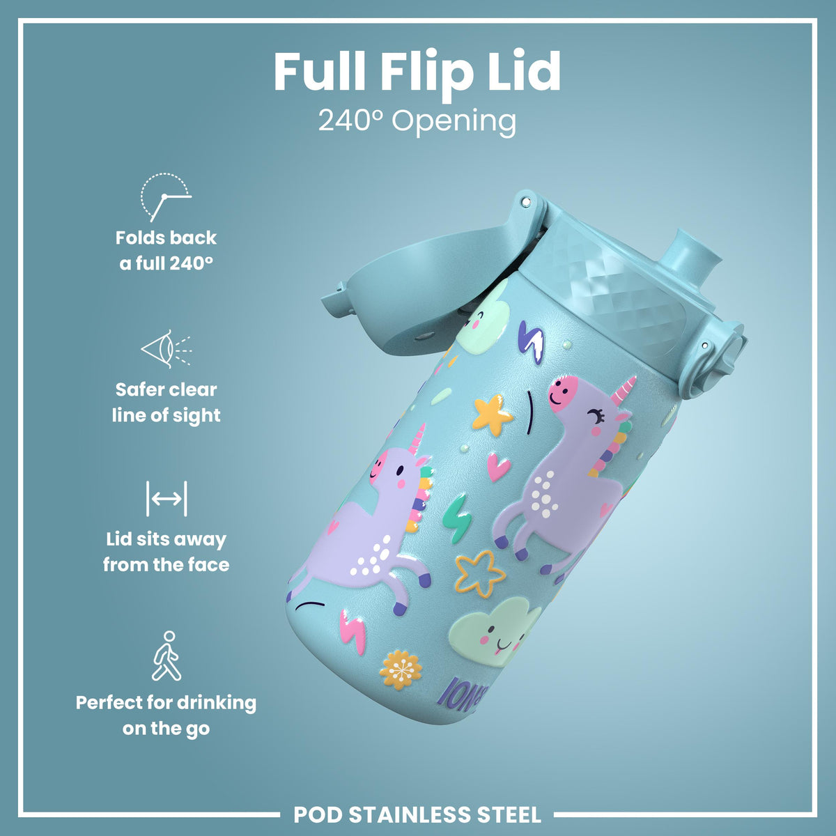 Leak Proof Thermal Steel Water Bottle, Insulated, Blue Unicorns, 320ml (11oz)