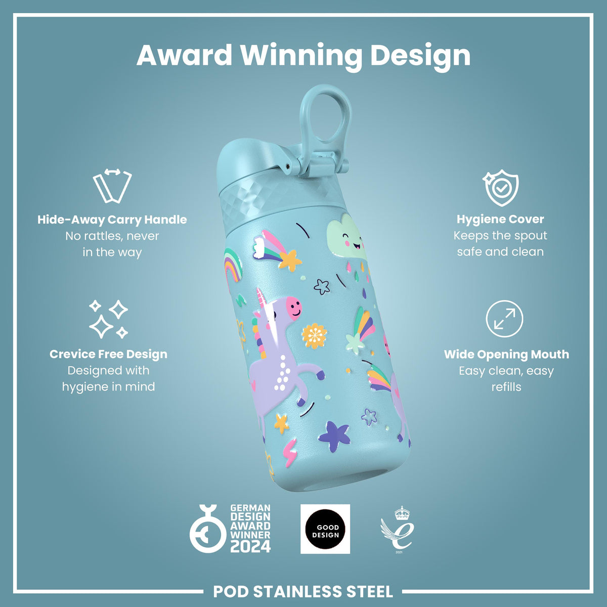 Leak Proof Thermal Steel Water Bottle, Insulated, Blue Unicorns, 320ml (11oz)