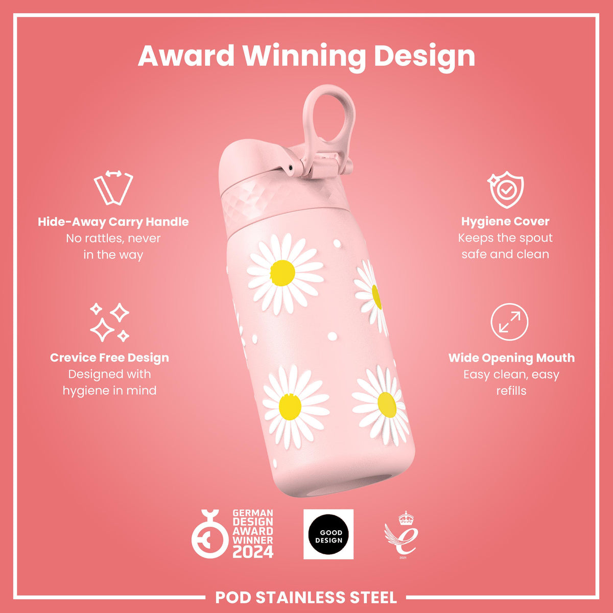 Leak Proof Thermal Steel Water Bottle, Insulated, Daisy, 320ml (11oz)