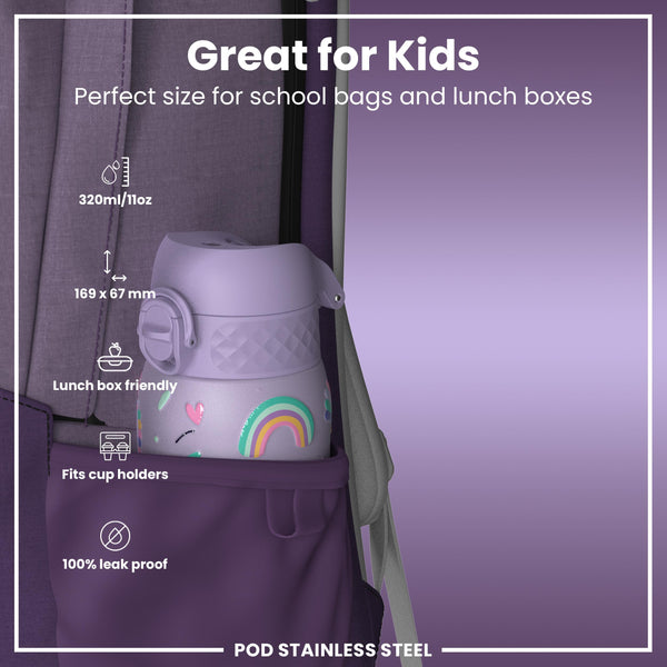 Leak Proof Thermal Steel Water Bottle, Insulated, Purple Unicorns, 320ml (11oz)
