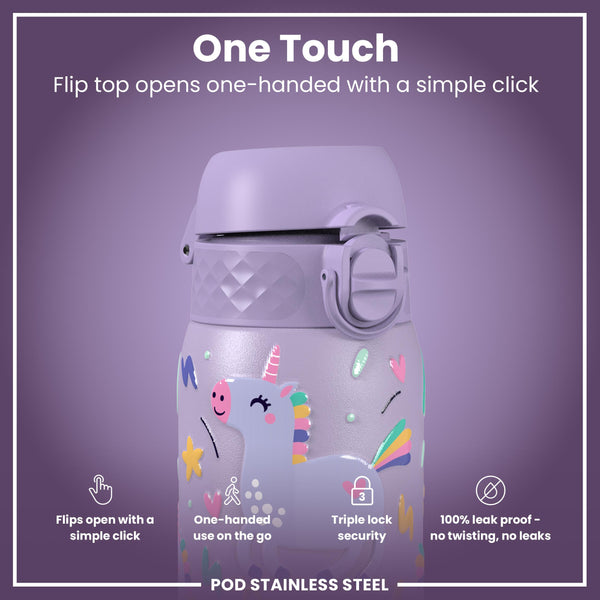 Leak Proof Thermal Steel Water Bottle, Insulated, Purple Unicorns, 320ml (11oz)