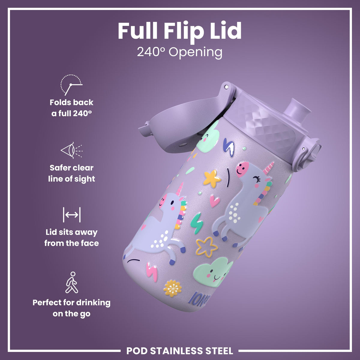 Leak Proof Thermal Steel Water Bottle, Insulated, Purple Unicorns, 320ml (11oz)