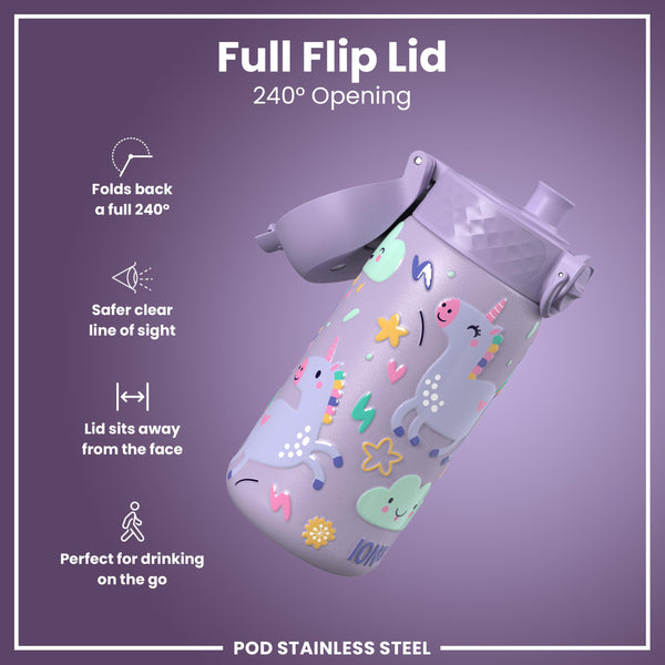Leak Proof Thermal Steel Water Bottle, Insulated, Purple Unicorns, 320ml (11oz)