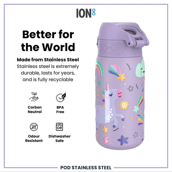 Leak Proof Thermal Steel Water Bottle, Insulated, Purple Unicorns, 320ml (11oz)