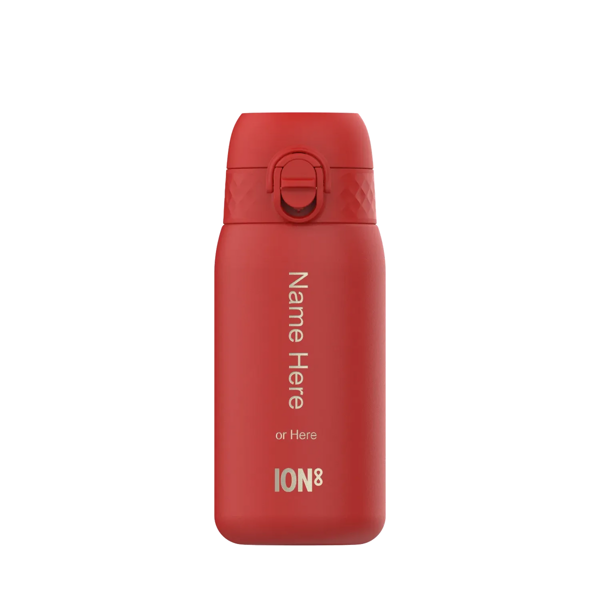 Red reusable water bottle standing upright with flip-top lid on a white background Text reads Name Here or Here ION8