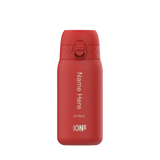 Red reusable water bottle standing upright with flip-top lid on a white background Text reads Name Here or Here ION8