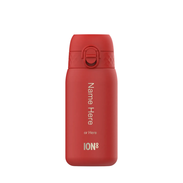 Red reusable water bottle standing upright with flip-top lid on a white background Text reads Name Here or Here ION8