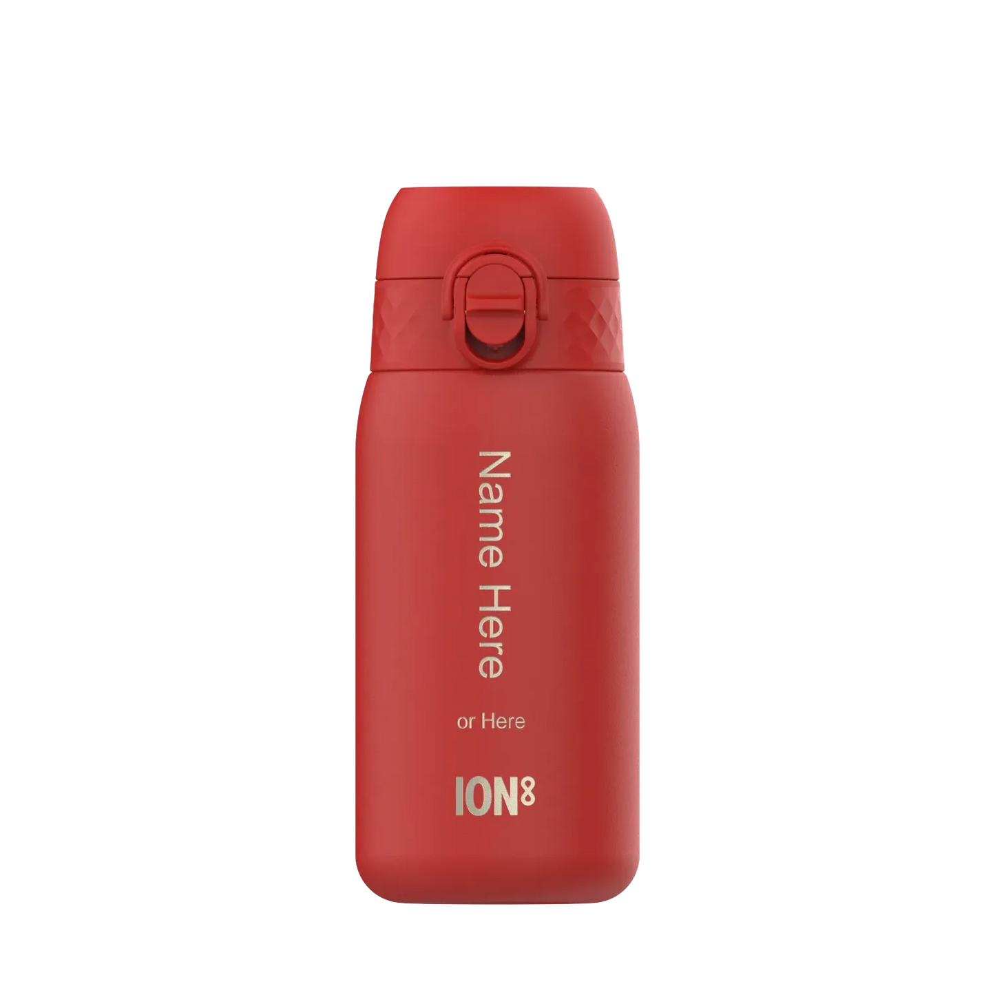 Red reusable water bottle standing upright with flip-top lid on a white background Text reads Name Here or Here ION8