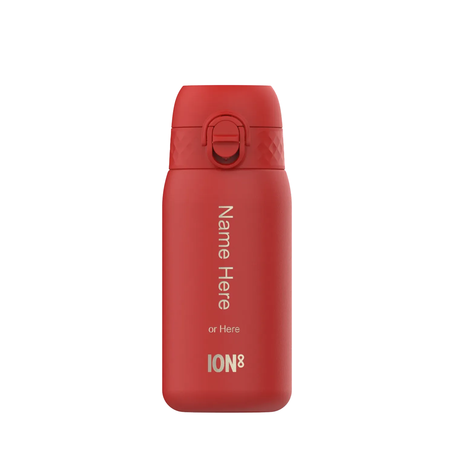 Red reusable water bottle standing upright with flip-top lid on a white background Text reads Name Here or Here ION8