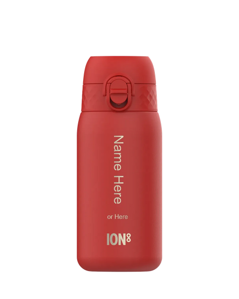 Red insulated water bottle standing upright with a flip-top lid Name Here or Here ION8 printed vertically on its side against a plain background.