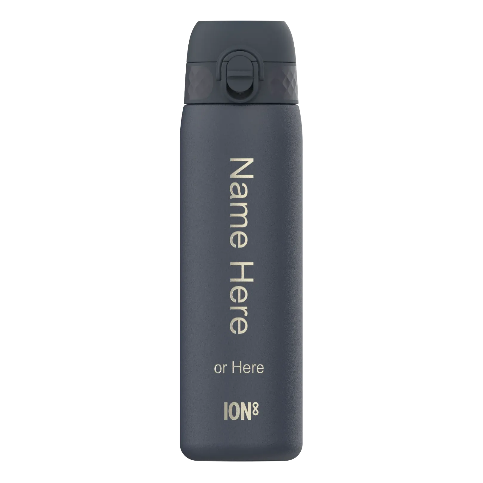 A dark-gray water bottle stands upright against a white background featuring text vertically reading "Name Here or Here" with "ION8" at the bottom.
