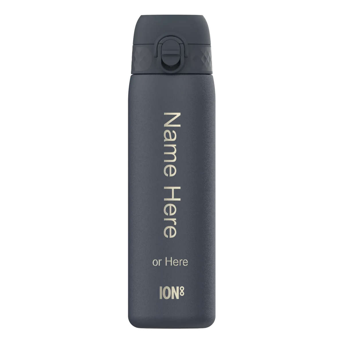 A dark gray water bottle stands upright against a plain background with text “Name Here or Here ION8” vertically printed on its side