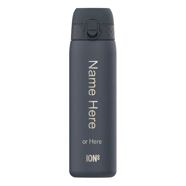 A dark gray water bottle stands upright against a plain background with text “Name Here or Here ION8” vertically printed on its side