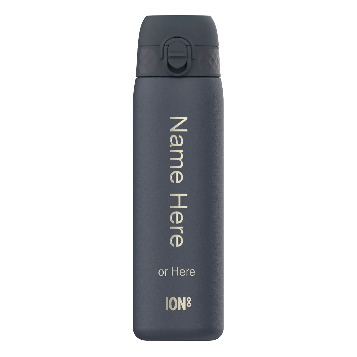 A dark gray water bottle stands upright against a plain background with text “Name Here or Here ION8” vertically printed on its side
