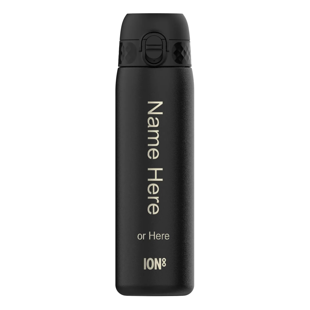 Black reusable water bottle standing upright with a secure lid in a plain setting Text on bottle reads Name Here or Here ION8