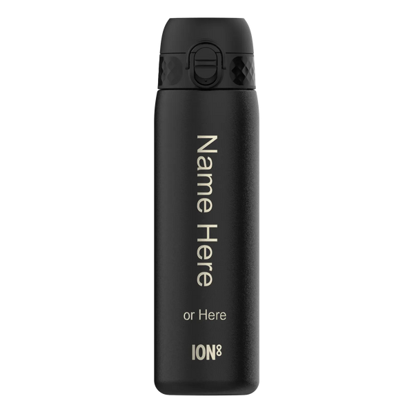 Black reusable water bottle standing upright with a secure lid in a plain setting Text on bottle reads Name Here or Here ION8