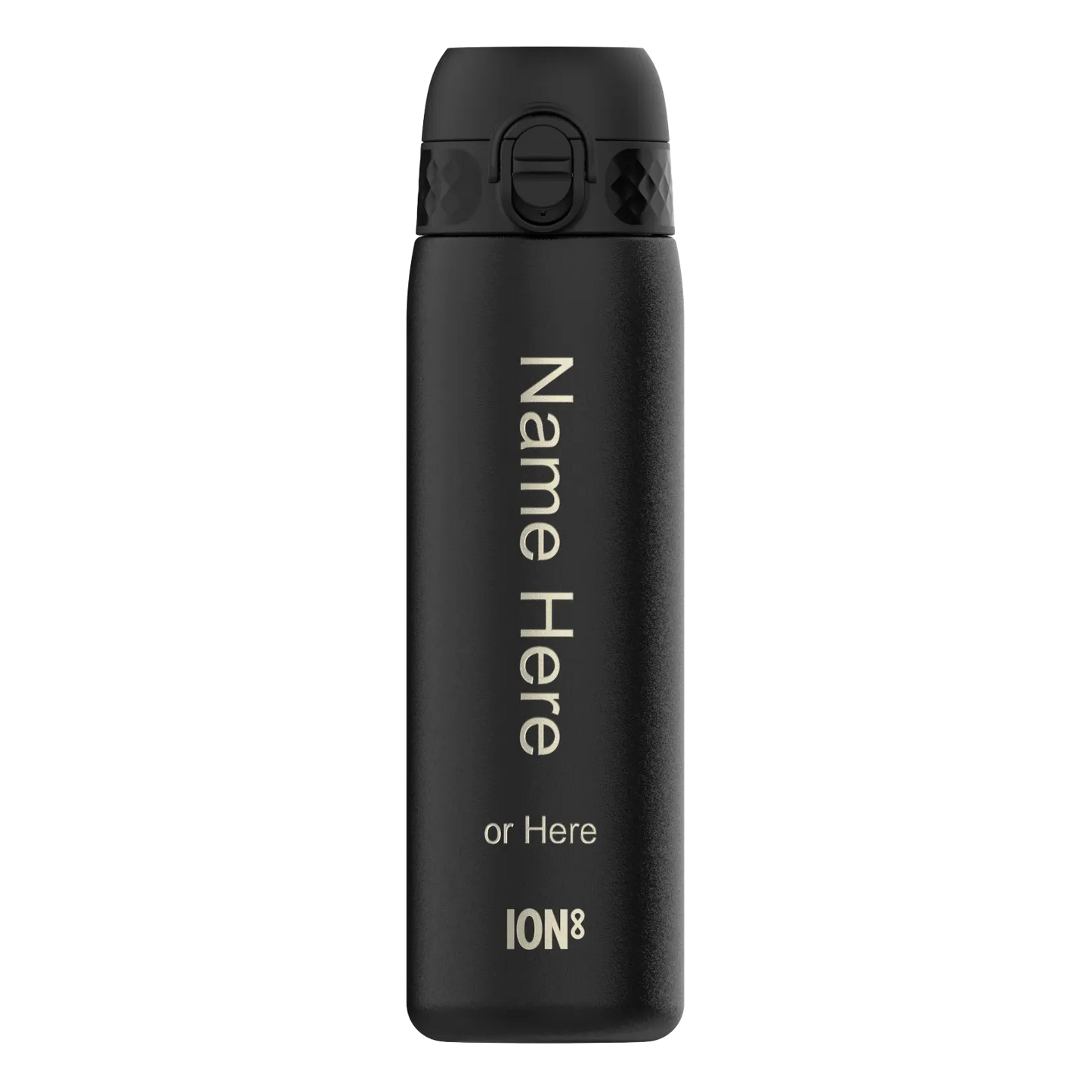 Black reusable water bottle standing upright with a secure lid in a plain setting Text on bottle reads Name Here or Here ION8