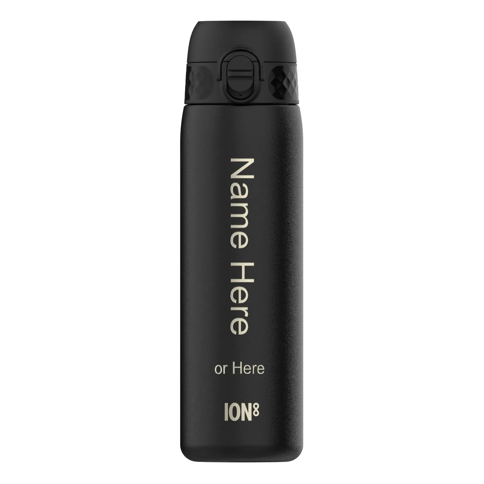 Black reusable water bottle standing upright with a secure lid in a plain setting Text on bottle reads Name Here or Here ION8