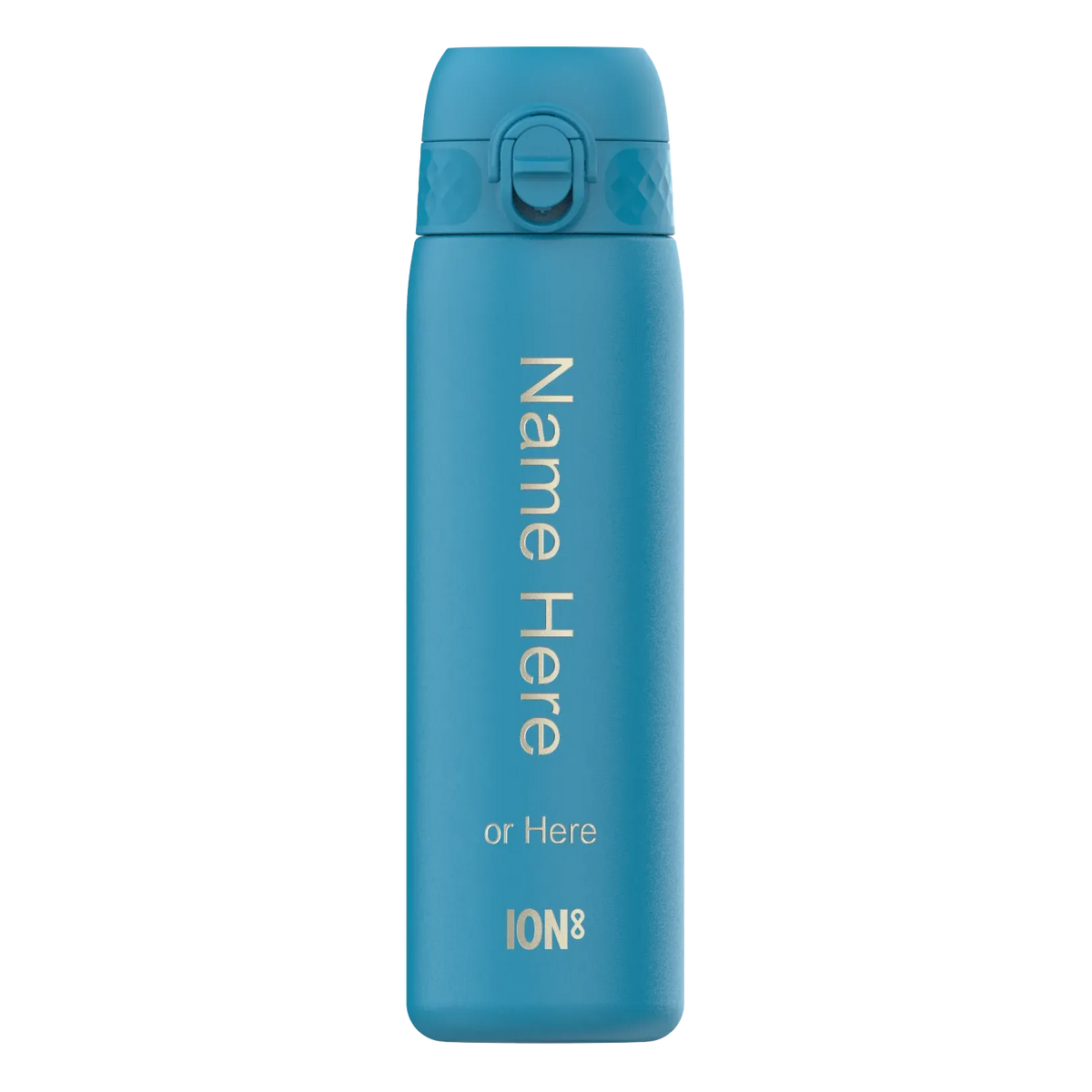 A blue water bottle stands upright displaying text "Name Here or Here ION8" on its side against a plain white background