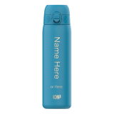 A blue water bottle stands upright displaying text 