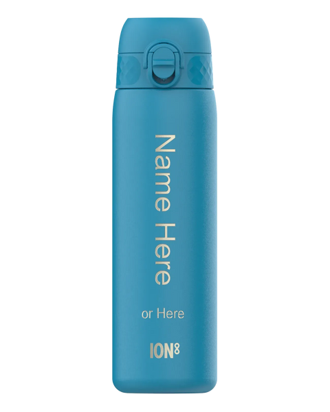 A blue water bottle stands upright displaying text "Name Here or Here ION8" on its side against a plain white background