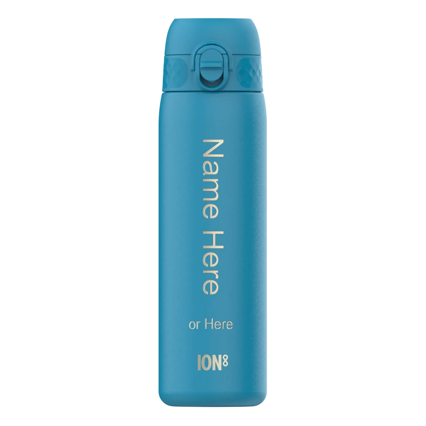 A blue water bottle stands upright displaying text "Name Here or Here ION8" on its side against a plain white background