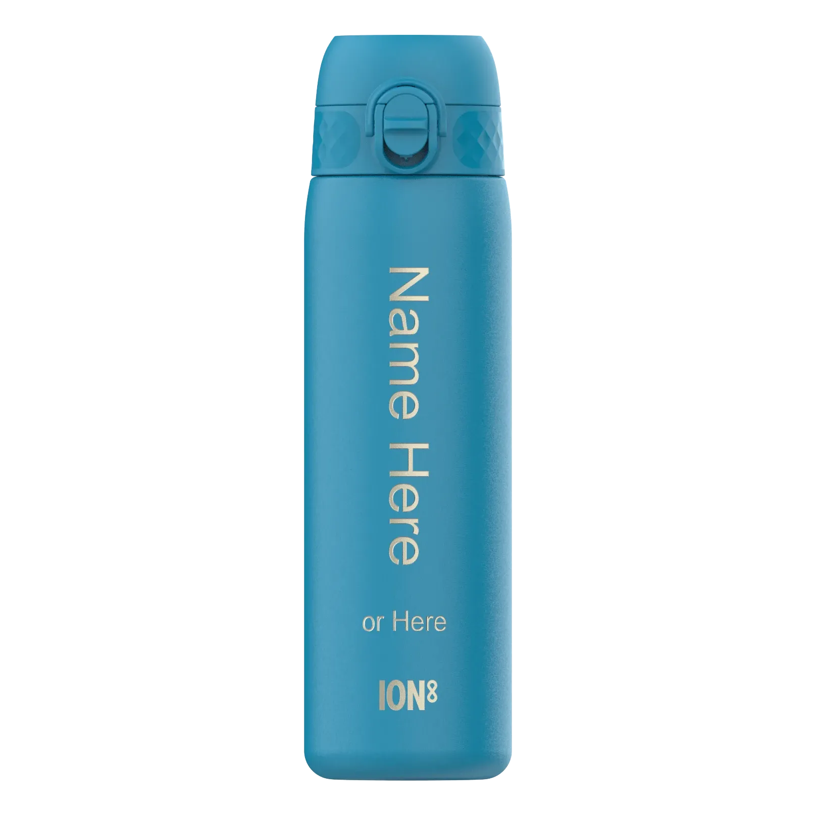 A blue water bottle stands upright displaying text "Name Here or Here ION8" on its side against a plain white background