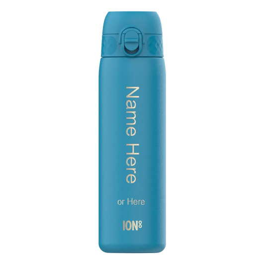A blue water bottle stands upright displaying text "Name Here or Here ION8" on its side against a plain white background
