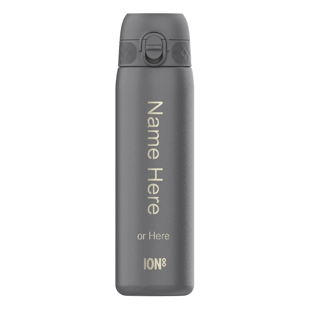 A gray water bottle standing upright displaying the text "Name Here or Here ION8" on its surface, set against a plain white background.