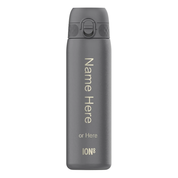 A gray water bottle standing upright displaying the text "Name Here or Here ION8" on its surface, set against a plain white background.