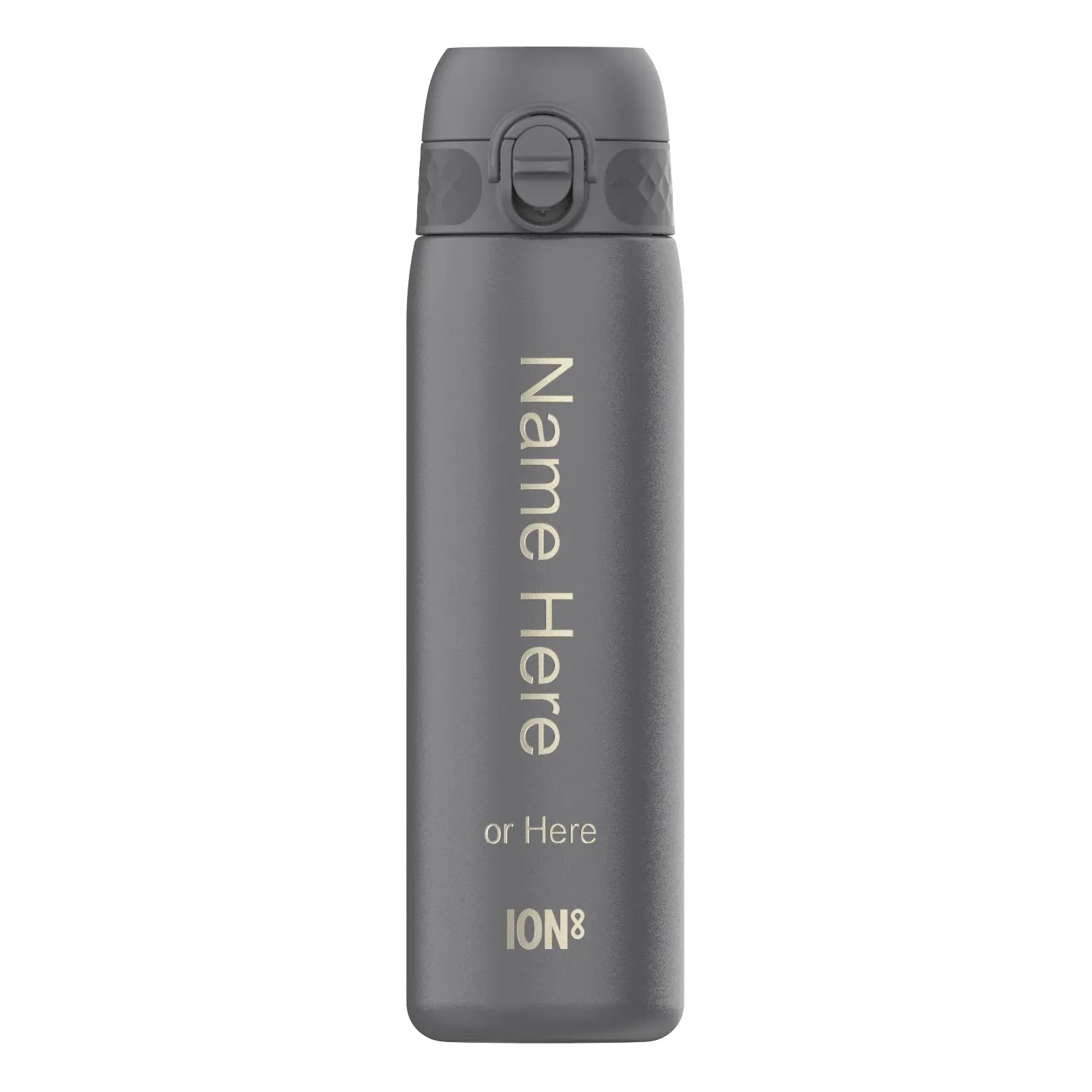 A gray water bottle standing upright displaying the text "Name Here or Here ION8" on its surface, set against a plain white background.