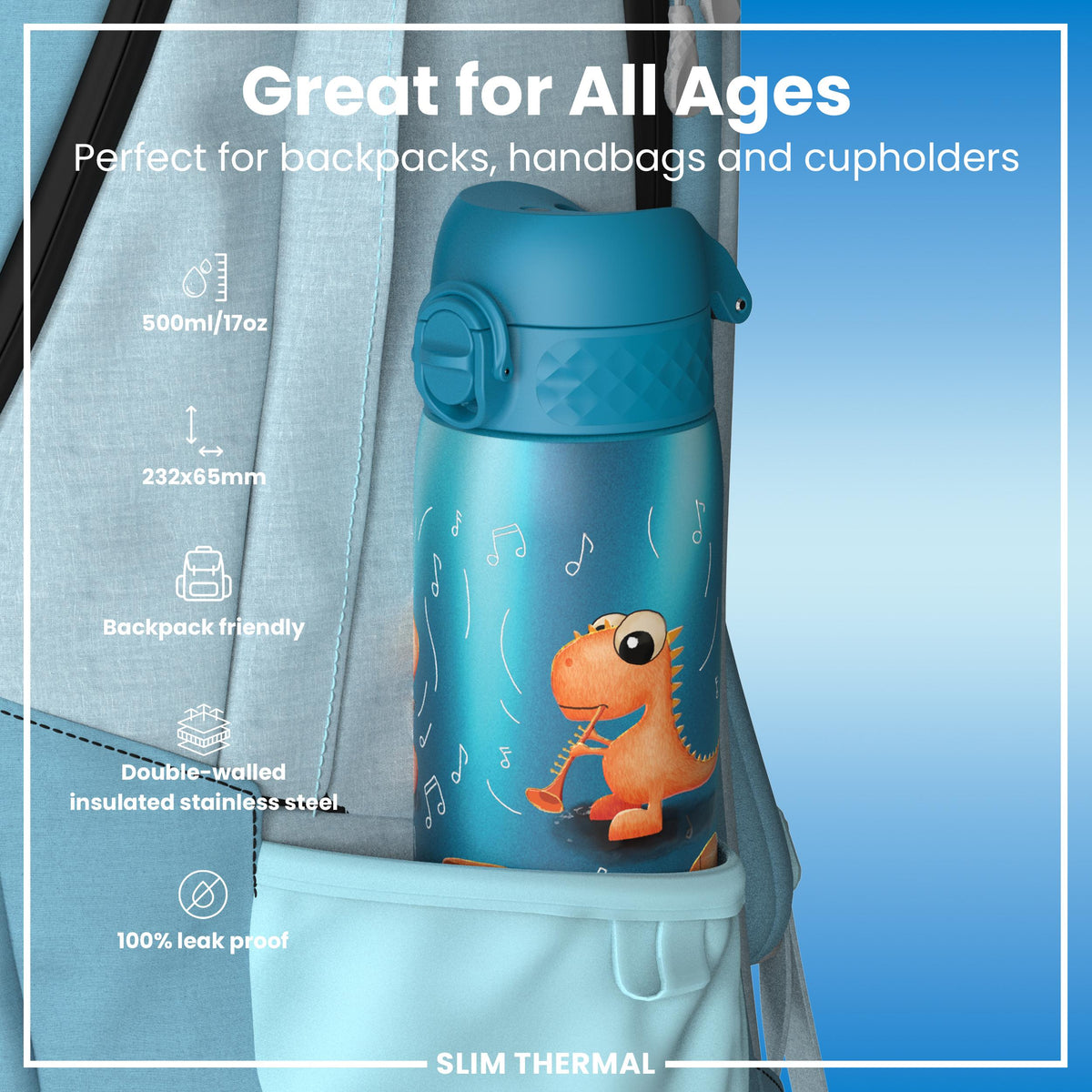 Leak Proof Slim Thermal Water Bottle, Insulated Steel, Dinosaur Band, 500ml (17oz)