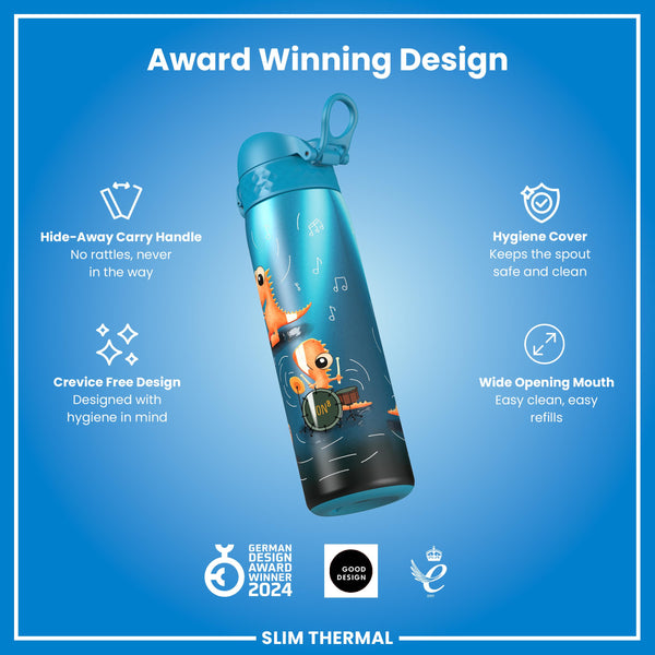 Leak Proof Slim Thermal Water Bottle, Insulated Steel, Dinosaur Band, 500ml (17oz)