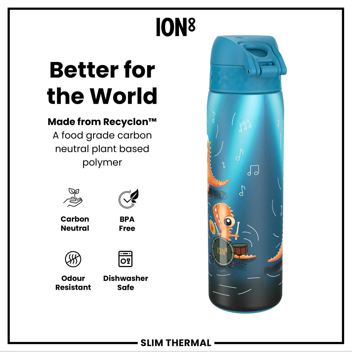 Leak Proof Slim Thermal Water Bottle, Insulated Steel, Dinosaur Band, 500ml (17oz)