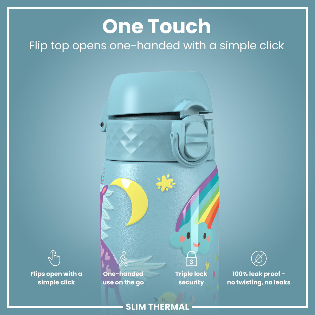 Leak Proof Slim Thermal Water Bottle, Insulated Steel, Blue Unicorns, 500ml (17oz)