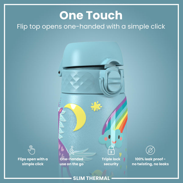 Leak Proof Slim Thermal Water Bottle, Insulated Steel, Blue Unicorns, 500ml (17oz)