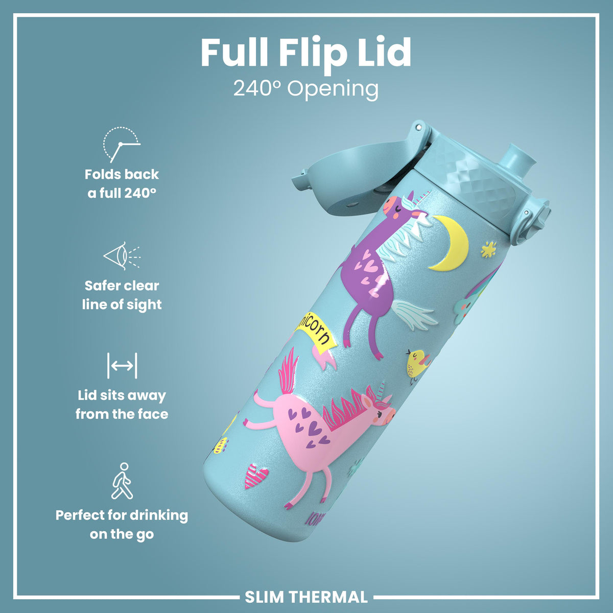 Leak Proof Slim Thermal Water Bottle, Insulated Steel, Blue Unicorns, 500ml (17oz)
