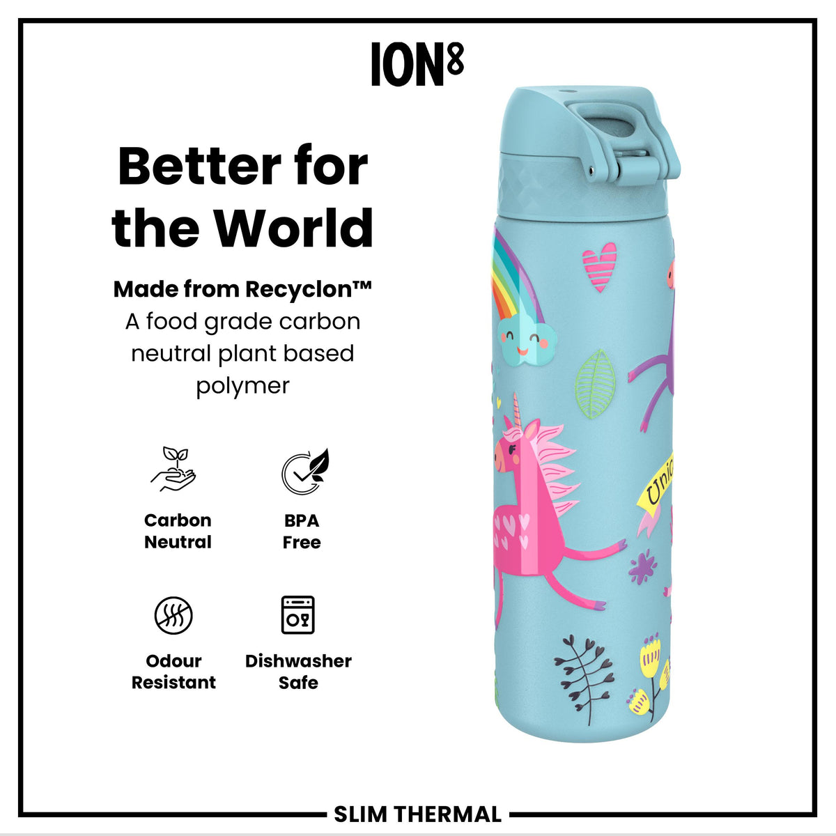 Leak Proof Slim Thermal Water Bottle, Insulated Steel, Blue Unicorns, 500ml (17oz)