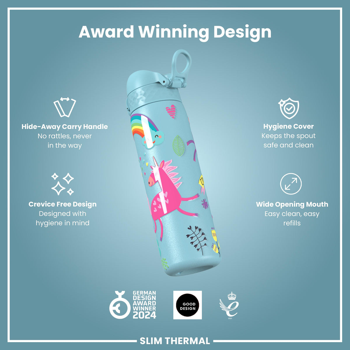 Leak Proof Slim Thermal Water Bottle, Insulated Steel, Blue Unicorns, 500ml (17oz)