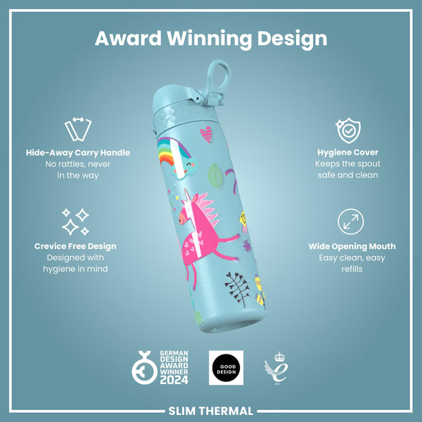 Leak Proof Slim Thermal Water Bottle, Insulated Steel, Blue Unicorns, 500ml (17oz)